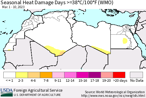 North Africa Seasonal Heat Damage Days >=38°C/100°F (WMO) Thematic Map For 3/1/2023 - 3/10/2023