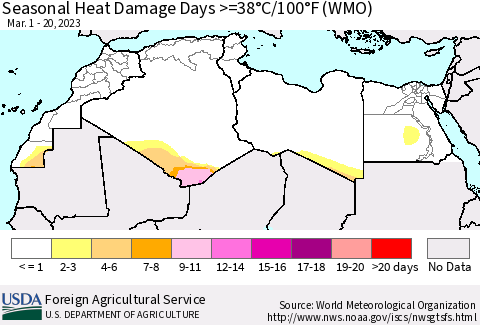 North Africa Seasonal Heat Damage Days >=38°C/100°F (WMO) Thematic Map For 3/1/2023 - 3/20/2023