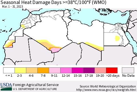 North Africa Seasonal Heat Damage Days >=38°C/100°F (WMO) Thematic Map For 3/1/2023 - 3/31/2023