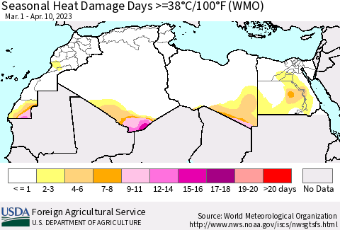 North Africa Seasonal Heat Damage Days >=38°C/100°F (WMO) Thematic Map For 3/1/2023 - 4/10/2023