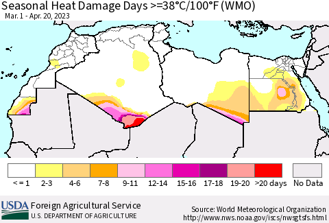 North Africa Seasonal Heat Damage Days >=38°C/100°F (WMO) Thematic Map For 3/1/2023 - 4/20/2023