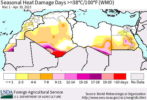 North Africa Seasonal Heat Damage Days >=38°C/100°F (WMO) Thematic Map For 3/1/2023 - 4/30/2023