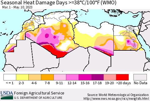 North Africa Seasonal Heat Damage Days >=38°C/100°F (WMO) Thematic Map For 3/1/2023 - 5/10/2023