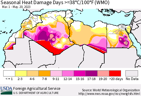 North Africa Seasonal Heat Damage Days >=38°C/100°F (WMO) Thematic Map For 3/1/2023 - 5/20/2023