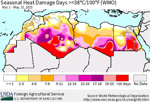 North Africa Seasonal Heat Damage Days >=38°C/100°F (WMO) Thematic Map For 3/1/2023 - 5/31/2023