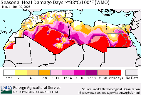 North Africa Seasonal Heat Damage Days >=38°C/100°F (WMO) Thematic Map For 3/1/2023 - 6/10/2023