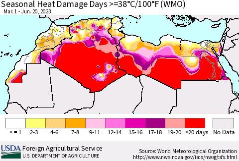 North Africa Seasonal Heat Damage Days >=38°C/100°F (WMO) Thematic Map For 3/1/2023 - 6/20/2023
