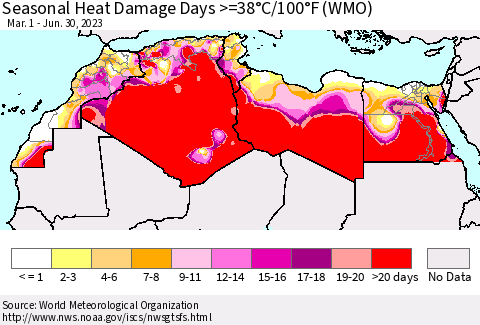 North Africa Seasonal Heat Damage Days >=38°C/100°F (WMO) Thematic Map For 3/1/2023 - 6/30/2023