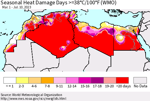 North Africa Seasonal Heat Damage Days >=38°C/100°F (WMO) Thematic Map For 3/1/2023 - 7/10/2023
