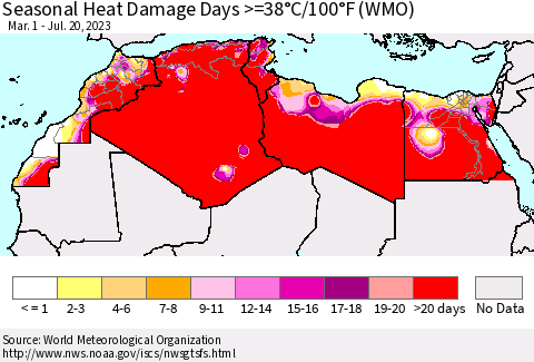 North Africa Seasonal Heat Damage Days >=38°C/100°F (WMO) Thematic Map For 3/1/2023 - 7/20/2023