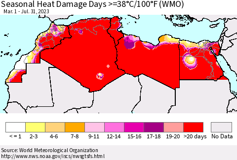 North Africa Seasonal Heat Damage Days >=38°C/100°F (WMO) Thematic Map For 3/1/2023 - 7/31/2023