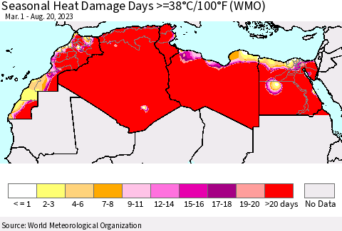 North Africa Seasonal Heat Damage Days >=38°C/100°F (WMO) Thematic Map For 3/1/2023 - 8/20/2023