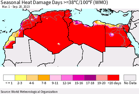 North Africa Seasonal Heat Damage Days >=38°C/100°F (WMO) Thematic Map For 3/1/2023 - 9/20/2023