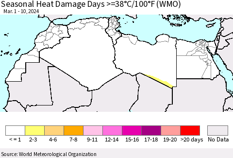 North Africa Seasonal Heat Damage Days >=38°C/100°F (WMO) Thematic Map For 3/1/2024 - 3/10/2024