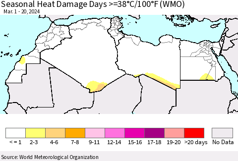 North Africa Seasonal Heat Damage Days >=38°C/100°F (WMO) Thematic Map For 3/1/2024 - 3/20/2024