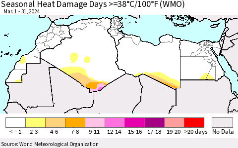 North Africa Seasonal Heat Damage Days >=38°C/100°F (WMO) Thematic Map For 3/1/2024 - 3/31/2024