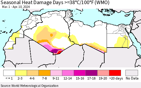North Africa Seasonal Heat Damage Days >=38°C/100°F (WMO) Thematic Map For 3/1/2024 - 4/10/2024