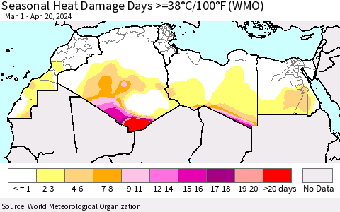North Africa Seasonal Heat Damage Days >=38°C/100°F (WMO) Thematic Map For 3/1/2024 - 4/20/2024