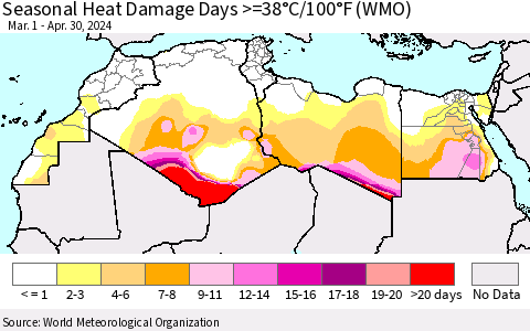 North Africa Seasonal Heat Damage Days >=38°C/100°F (WMO) Thematic Map For 3/1/2024 - 4/30/2024