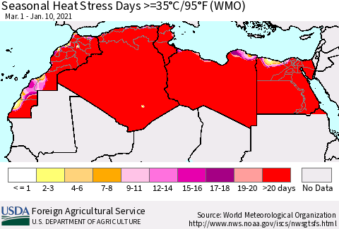 North Africa Seasonal Heat Stress Days >=35°C/95°F (WMO) Thematic Map For 3/1/2020 - 1/10/2021