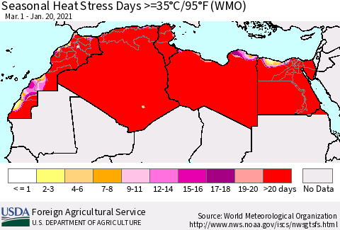North Africa Seasonal Heat Stress Days >=35°C/95°F (WMO) Thematic Map For 3/1/2020 - 1/20/2021