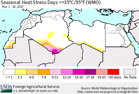 North Africa Seasonal Heat Stress Days >=35°C/95°F (WMO) Thematic Map For 3/1/2020 - 3/20/2020