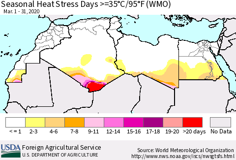North Africa Seasonal Heat Stress Days >=35°C/95°F (WMO) Thematic Map For 3/1/2020 - 3/31/2020