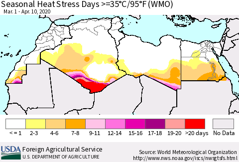 North Africa Seasonal Heat Stress Days >=35°C/95°F (WMO) Thematic Map For 3/1/2020 - 4/10/2020