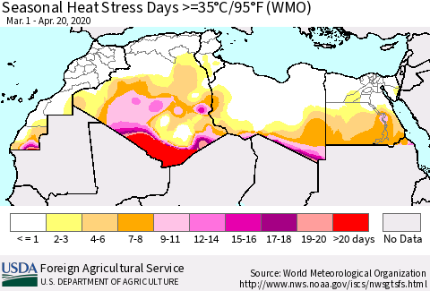 North Africa Seasonal Heat Stress Days >=35°C/95°F (WMO) Thematic Map For 3/1/2020 - 4/20/2020