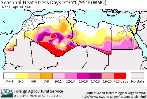 North Africa Seasonal Heat Stress Days >=35°C/95°F (WMO) Thematic Map For 3/1/2020 - 4/30/2020