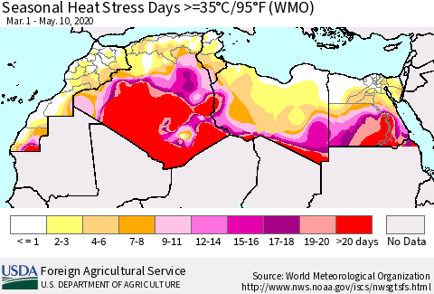 North Africa Seasonal Heat Stress Days >=35°C/95°F (WMO) Thematic Map For 3/1/2020 - 5/10/2020