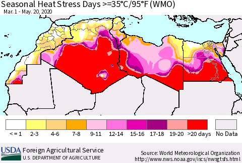 North Africa Seasonal Heat Stress Days >=35°C/95°F (WMO) Thematic Map For 3/1/2020 - 5/20/2020