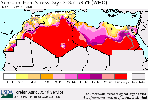 North Africa Seasonal Heat Stress Days >=35°C/95°F (WMO) Thematic Map For 3/1/2020 - 5/31/2020