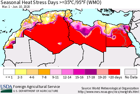 North Africa Seasonal Heat Stress Days >=35°C/95°F (WMO) Thematic Map For 3/1/2020 - 6/10/2020