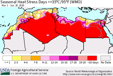 North Africa Seasonal Heat Stress Days >=35°C/95°F (WMO) Thematic Map For 3/1/2020 - 6/20/2020