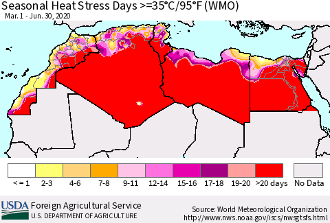 North Africa Seasonal Heat Stress Days >=35°C/95°F (WMO) Thematic Map For 3/1/2020 - 6/30/2020