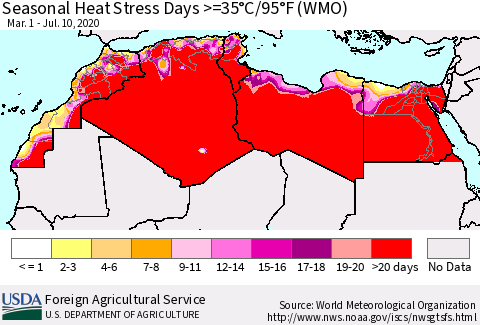 North Africa Seasonal Heat Stress Days >=35°C/95°F (WMO) Thematic Map For 3/1/2020 - 7/10/2020