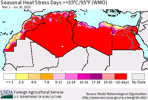 North Africa Seasonal Heat Stress Days >=35°C/95°F (WMO) Thematic Map For 3/1/2020 - 7/20/2020