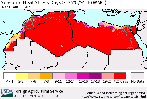 North Africa Seasonal Heat Stress Days >=35°C/95°F (WMO) Thematic Map For 3/1/2020 - 8/20/2020