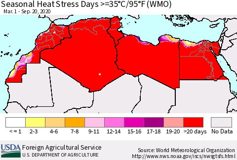 North Africa Seasonal Heat Stress Days >=35°C/95°F (WMO) Thematic Map For 3/1/2020 - 9/20/2020
