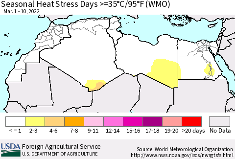 North Africa Seasonal Heat Stress Days >=35°C/95°F (WMO) Thematic Map For 3/1/2022 - 3/10/2022