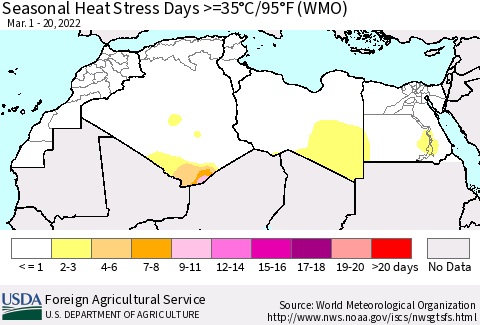 North Africa Seasonal Heat Stress Days >=35°C/95°F (WMO) Thematic Map For 3/1/2022 - 3/20/2022