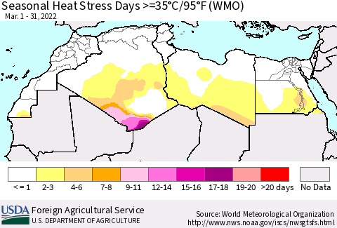 North Africa Seasonal Heat Stress Days >=35°C/95°F (WMO) Thematic Map For 3/1/2022 - 3/31/2022