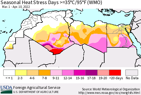 North Africa Seasonal Heat Stress Days >=35°C/95°F (WMO) Thematic Map For 3/1/2022 - 4/10/2022