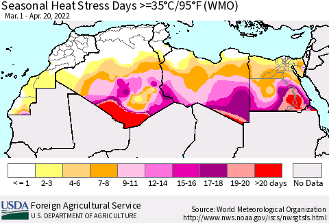 North Africa Seasonal Heat Stress Days >=35°C/95°F (WMO) Thematic Map For 3/1/2022 - 4/20/2022