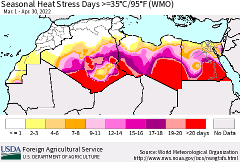 North Africa Seasonal Heat Stress Days >=35°C/95°F (WMO) Thematic Map For 3/1/2022 - 4/30/2022