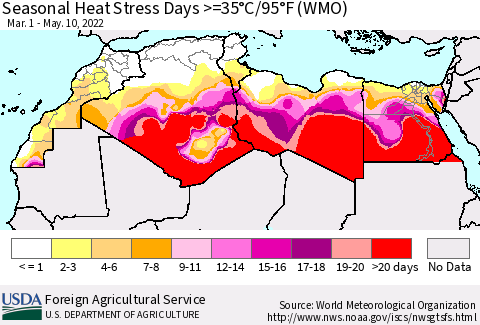 North Africa Seasonal Heat Stress Days >=35°C/95°F (WMO) Thematic Map For 3/1/2022 - 5/10/2022