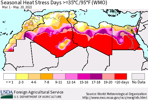 North Africa Seasonal Heat Stress Days >=35°C/95°F (WMO) Thematic Map For 3/1/2022 - 5/20/2022