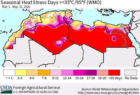North Africa Seasonal Heat Stress Days >=35°C/95°F (WMO) Thematic Map For 3/1/2022 - 5/31/2022