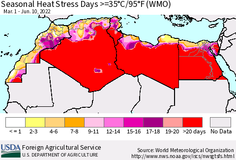 North Africa Seasonal Heat Stress Days >=35°C/95°F (WMO) Thematic Map For 3/1/2022 - 6/10/2022